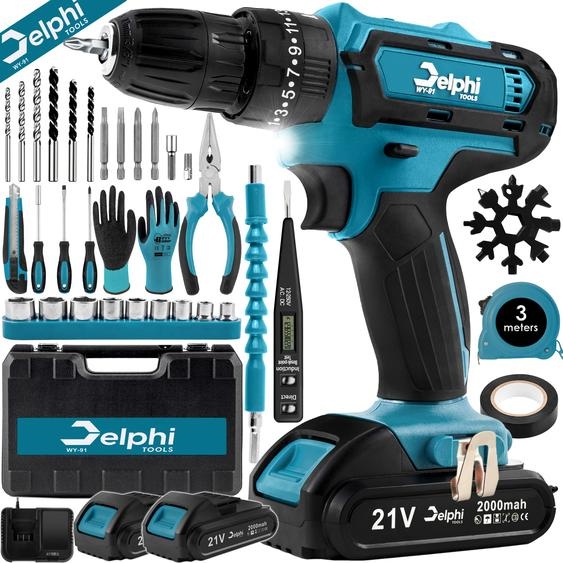 Delphi Perceuse-visseuse sans fil 21V 2 batteries 2Ah 50Nm 2 vitesses 25 niveaux de couple Lumière LED Coffret Perceuse-visseuse sans fil idéale pour les projets de bricolage