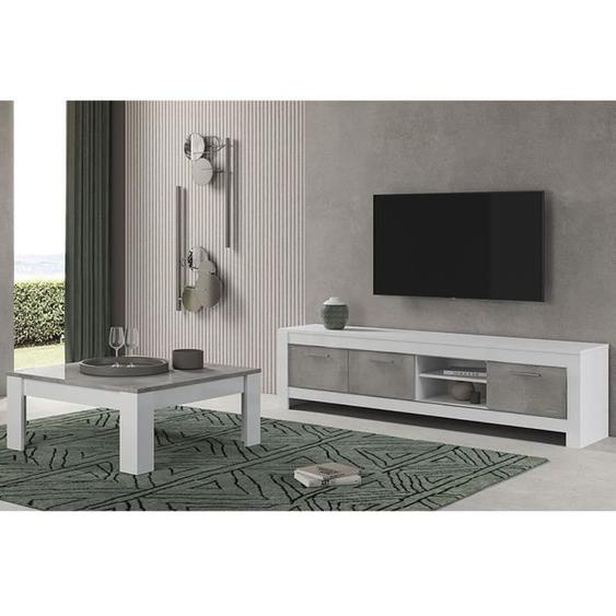 Ensemble Salon - ALTOBUY - Denae - Meuble TV 3 Portes - Table Basse Carrée - Laqué Blanc et Gris Marbré