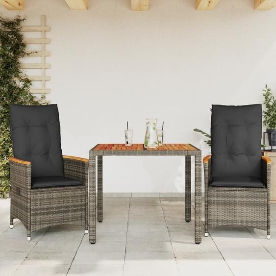 Design 3-pièces Bistro Set avec coussins Gris Poly Rattan, Meubles de jardin 2024 Nouveau