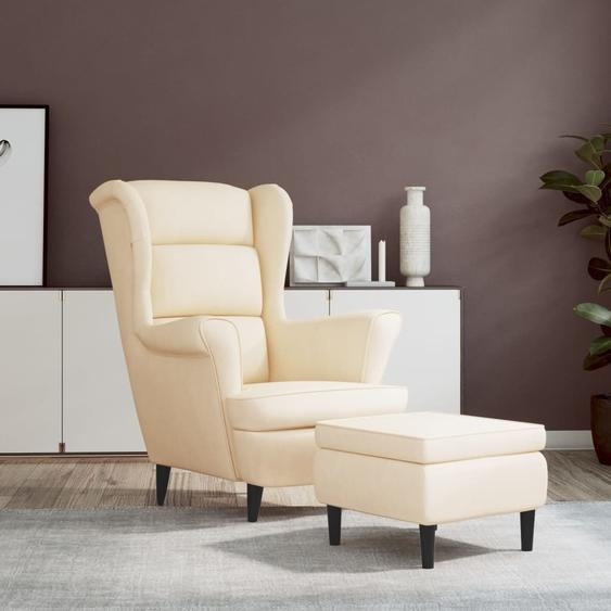 Design New Fauteuil à oreilles avec pouf Crème Velours - Fauteuil TV & Relax Meubles2025 CHY1793247 2parcel