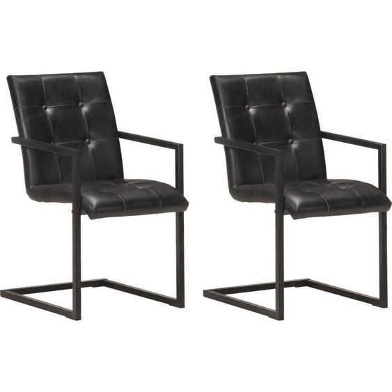 Design New Kit de 2 chaises cantilever en cuir véritable noir - Chaise de cuisine CHY429321