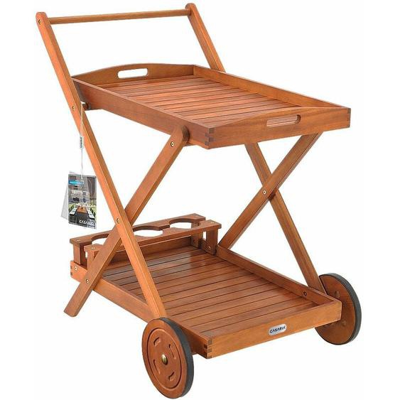 Desserte à roulettes en bois dAcacia chariot de service à 2 niveaux avec 3 porte bouteilles plateau de service - Casaria