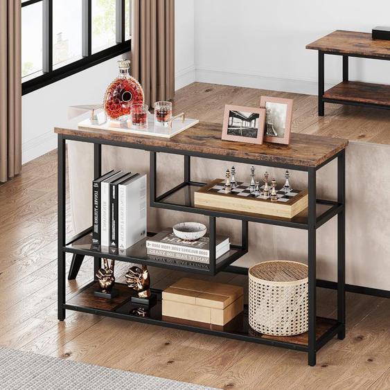 Desserte de cuisine à 3 étagères,TABLE CONSOLE,VINTAGE,100X30X75CM,Marron rustique et noir - Structure en VERRE