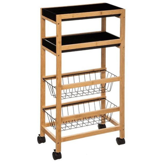 Desserte de cuisine à roulettes en bois et métal coloris noir et beige - Longueur 40,8 x Profondeur 21,7 x Hauteur 83 cm