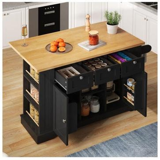 Desserte de cuisine avec 5 roulettes, tiroir, étagère à épices, porte-serviettes, plan de travail rabattable, naturel et noir