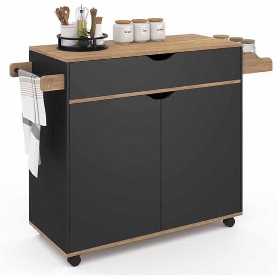 Desserte de cuisine cosy xxl placard avec tiroir noir et plateaux façon hêtre L.90 cm