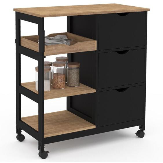 Desserte de cuisine MUNA 3 paniers + 1 plateau amovible noir et effet hêtre L.76 cm