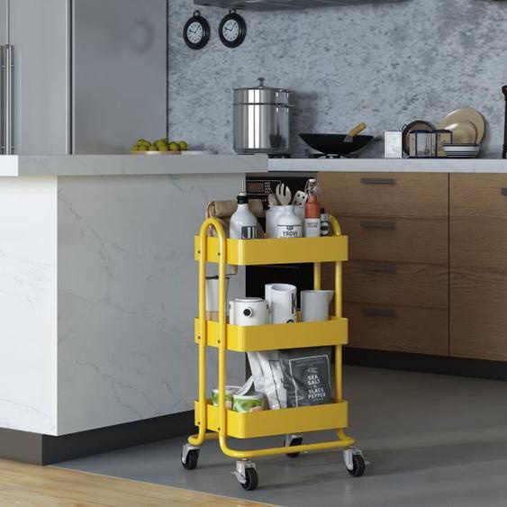 Desserte de cuisine Pyhäntä à roues 3 paniers acier 78,5 x 46 x 35 cm jaune