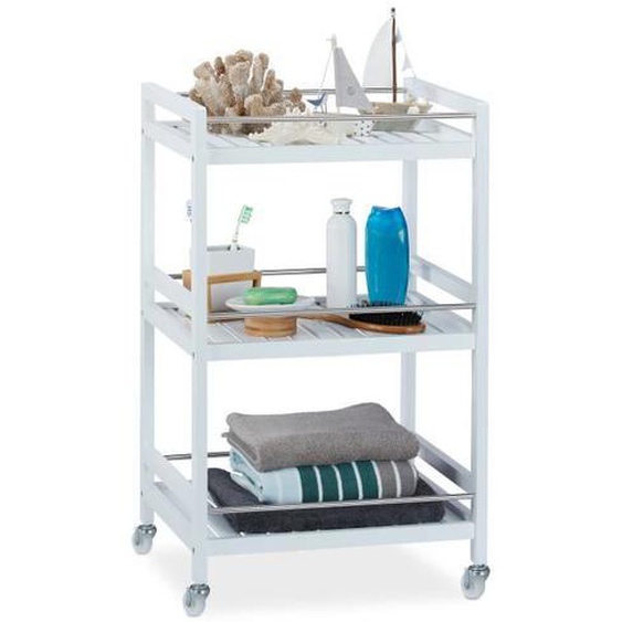 Relaxdays Desserte de Cuisine Bambou, 3 étages, chariot de service, Roulette 360°, HxlxP 76,5 x 46 x 38 cm, blanc