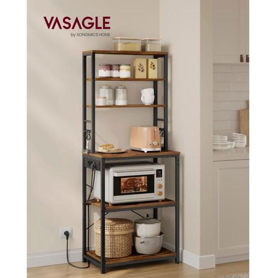 Desserte de cuisine - VASAGLE - Étagère de Cuisine avec Multiprise - 40 x 60 x 167 cm, Marron Rustique et Noir dEncre
