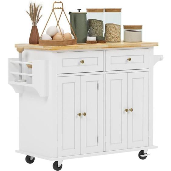 Desserte Îlot de Cuisine Desserte à roulettes avec Étagère à épices et Porte-Serviettes, Chariot de Cuisine de Rangement avec Grand Plateau et 2