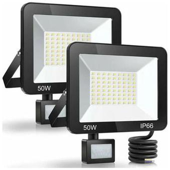 Déstockage 50W Projecteur LED Exterieur Detecteur de Mouvement 2 Pièce, IP66 Étanche Spot LED Avec Détecteur, 5000LM 7000K Blanc Froid Eclairage