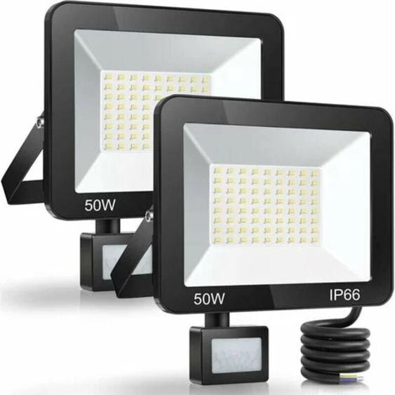 Déstockage 50W Projecteur LED Exterieur Detecteur de Mouvement 2 Pièce, IP66 Étanche Spot LED Avec Détecteur, 5000LM 7000K Blanc Froid Eclairage