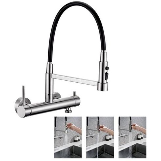 DETBOM Mitigeur Mural de Cuisine Robinet Cuisine avec Douchette 3 Jets Mitigeur dévier avec Tuyaux Extractible Robinetterie en Acier Inox Brossé