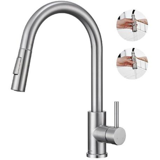 Detbom - Robinet de Cuisine avec Douchette Extractible Mitigeur Cuisine Bec Rotatif Mitigeur dÉvier en Acier Nickel Brossé