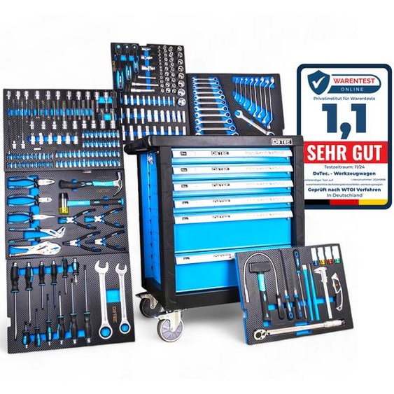 DeTec. 3066 Servante datelier 6/6 tiroirs Chariot à outils rempli doutils de qualité bleu