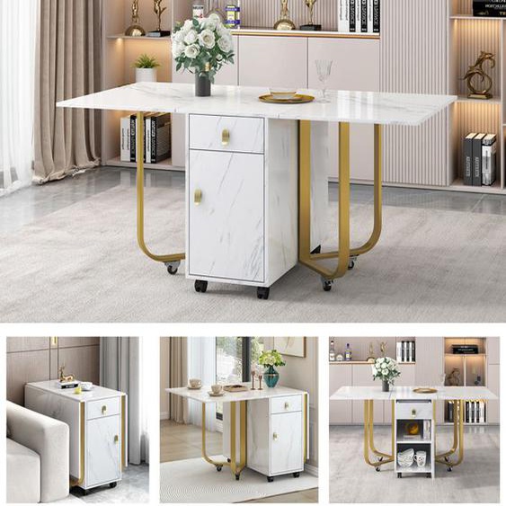 Table de cuisine pliante polyvalente (1-St) - Avec armoire et 2 tiroirs - Blanc/Doré - Métal