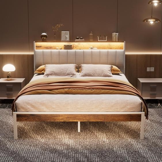 DEWINNER Cadre de lit, 140 x 200 avec Sommier en métal, lit 2 Personnes, avec lumières LED et Prises Multiples (1 Prise AC, 2 Ports USB)
