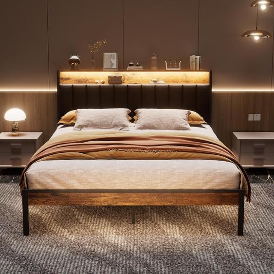 DEWINNER Cadre de lit 160 x 200 avec Sommier en métal, lit 2 Personnes, avec lumières LED et Prises Multiples (1 Prise AC, 2 Ports USB), avec casier