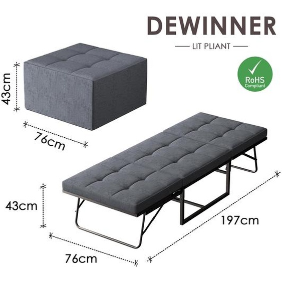 DEWINNER Lit pliant, 76 x 197 cm, canapé-lit pour 1 personne pour adultes, dossier réglable en 5 positions, lit pliant portable pour le bureau, la chambre damis ou la maison