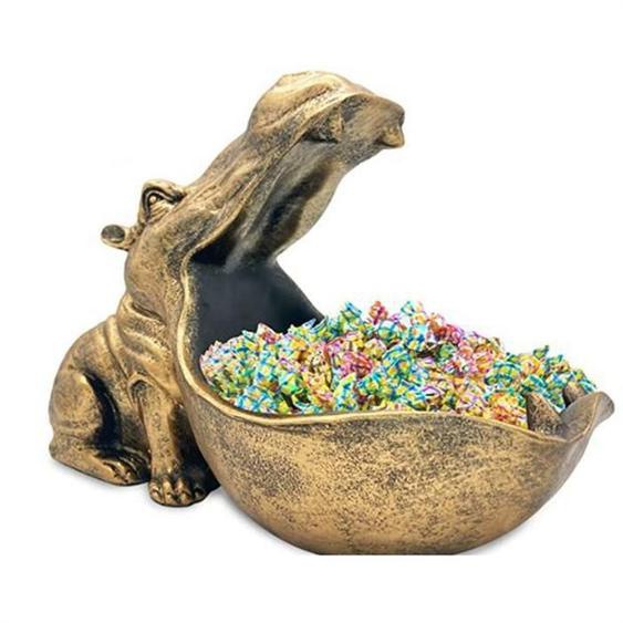 DHippopotame Plat à Bonbons et Bol à CléS Statue DHippopotame en RéSine Unique pour Bureau et DéCoration de Table DEntréE, Doré