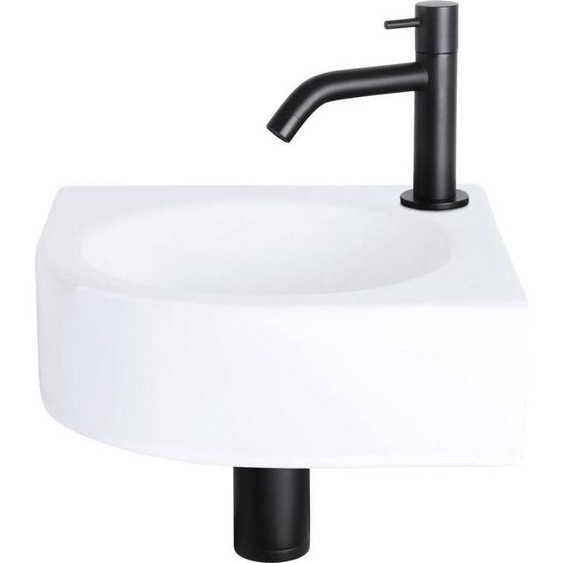 Differnz Cleo lavabo à poser 30x30x10 cm - lavabo salle de bain céramique blanc - avec robinet salle de bain en noir mat - lavabo avec robinetterie courbe pour WC invités