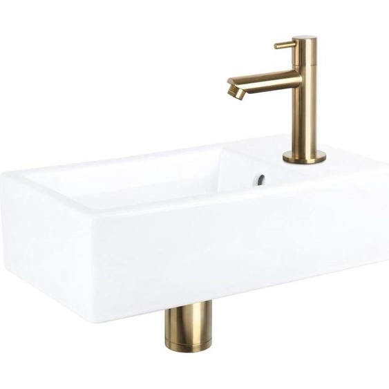Differnz Force Vasque à poser 40x22x11,5 cm - Vasque salle de bain en céramique blanche - Avec robinet salle de bain en or mat - Vasque avec poignée standard pour WC invités