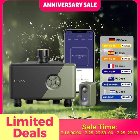 Diivoo – minuterie deau WiFi pour jardin, 3/4 Zones, minuterie dirrigation automatique, contrôleur de systèmes darrosage avec retard de pluie, arrosage manuel