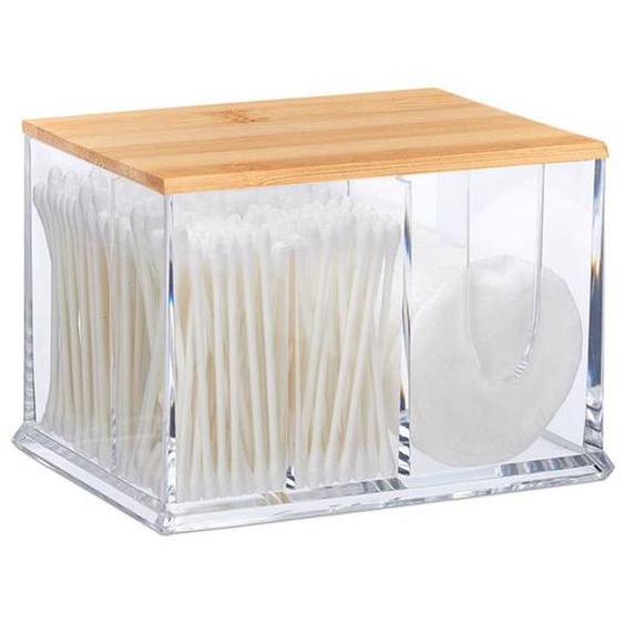 Relaxdays Distributeur coton-tiges, acrylique, bambou, grande boîte, rangement, salle de bain, transparent/nature