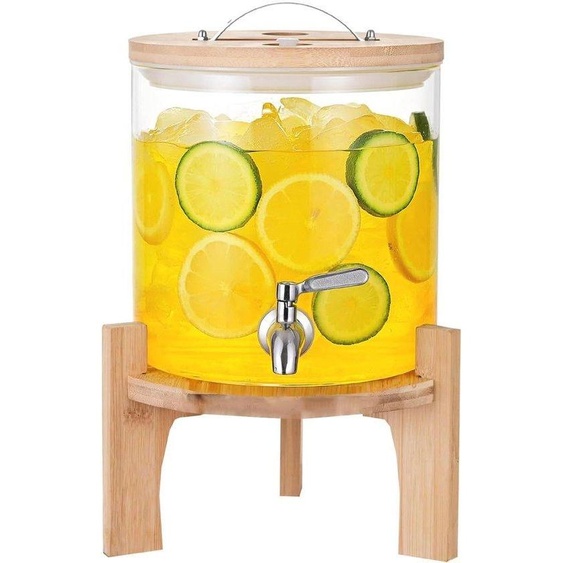 Distributeur de boissons en verre avec tête de rinçage en acier inoxydable et support en bois - Distributeur de boissons fraîches de 5 litres pour les fêtes
