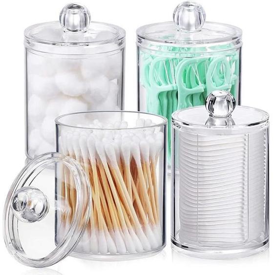 Distributeur de coton-tige - PZCC - 4 pièces - Organisateur cosmétique - Transparent - Avec couvercle