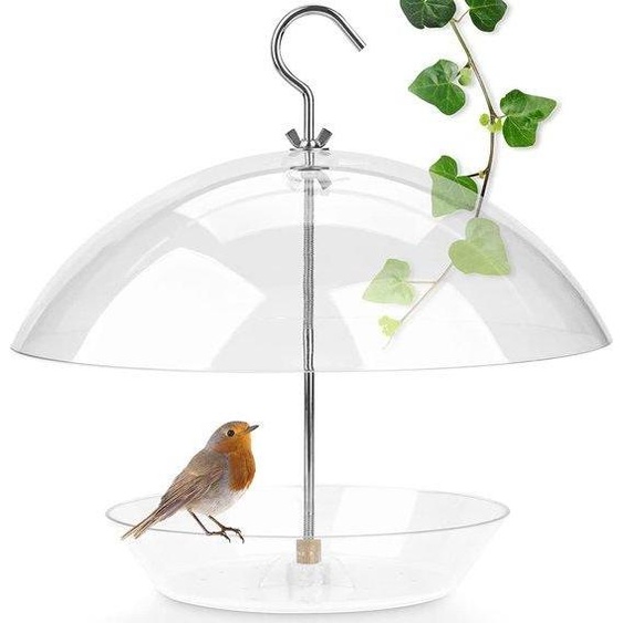 Distributeur de graines pour oiseaux Unyqoos®, à suspendre, avec cloche transparente en plastique, résistant aux intempéries, avec capuchon de protection contre la pluie et crochet en métal, dimensions : 29,5 x 29,5 x 28,5 cm – idéal pour les graines, les