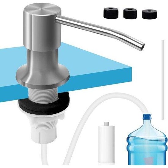Distributeur de liquide vaisselle en silicone et acier inoxydable - 500 ml - argenté - avec tuyau darrosage en silicone