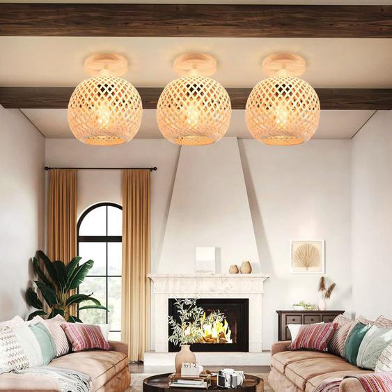 DLGLOLIN 3PCS Plafonnier Vintage E27 Lustre Tissée en Rotin, Abat-jour Sphérique Ø20CM Tissée en Bambou Luminaire pour Couloir