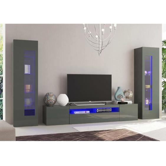 Dmora Meuble Mural Dcontin, Ensemble de salon  Meuble de salon polyvalent avec lumière LED, cm 290x40h162, Anthracite Brillant