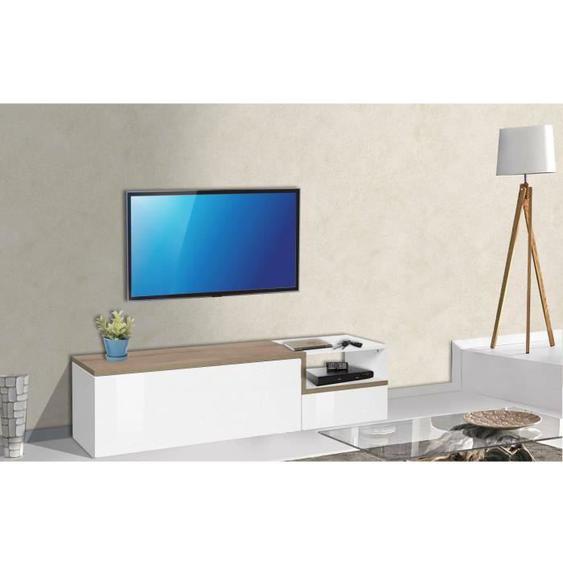 Dmora - Meuble TV Lapo, Buffet bas de salon avec 2 portes, base meuble TV, 160x40h46 cm, Blanc brillant et Érable