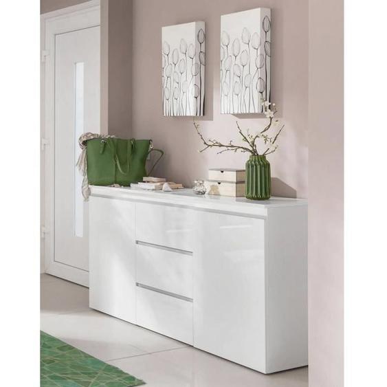 Dmora - Placard Dcaccam, Buffet design avec 2 portes 3 tiroirs, Buffet de salon, Buffet de cuisine, cm 150x40h81, Blanc brillant