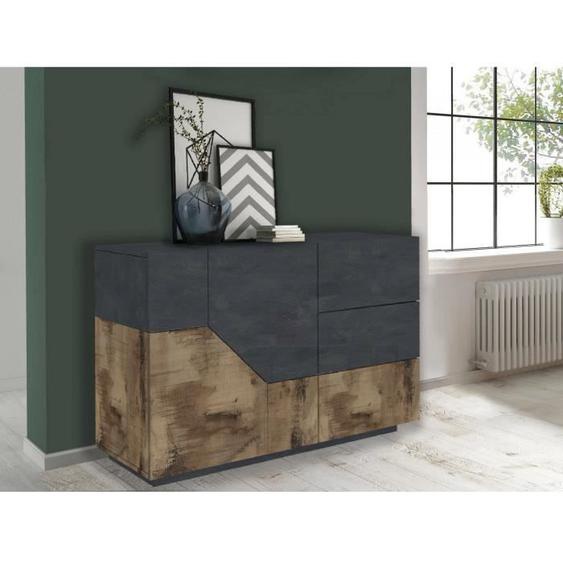 Dmora - Placard Dgirell, Buffet de cuisine avec 2 portes et 3 tiroirs, Buffet de salon, 141x43h86 cm, Ardoise et Érable