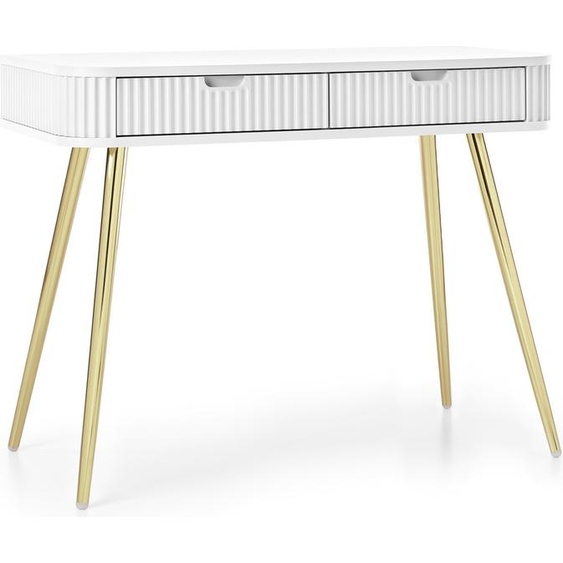 Table de maquillage ZOVA avec 2 tiroirs, façades rainurées, blanche, pieds en métal dorés, 103 x 80 x 49 cm