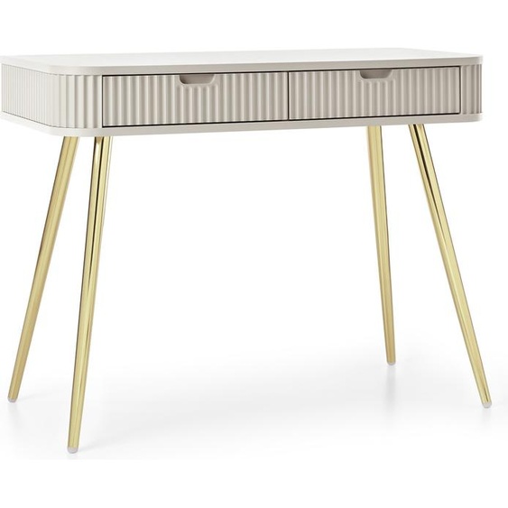 Table de maquillage ZOVA avec 2 tiroirs, façades rainurées, noire, pieds en métal dorés, 103 x 80 x 49 cm
