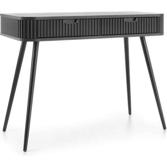 Table de maquillage ZOVA avec 2 tiroirs, façades rainurées, couleur beige cachemire, pieds en métal noir, dimensions : 103 x 80 x 49 cm