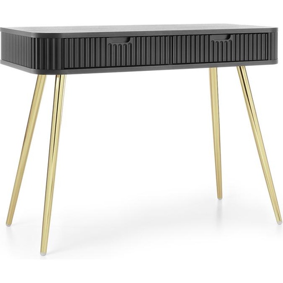 Table de maquillage ZOVA avec 2 tiroirs, façades rainurées, couleur beige cachemire, pieds en métal dorés, dimensions : 103 x 80 x 49 cm