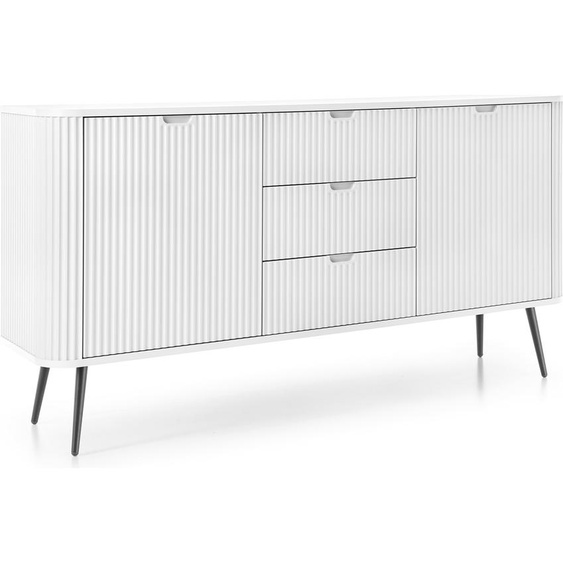 DomoHome Commode large ZOVA 168cm avec 3 tiroirs, 2 armoires, poignées libres - Solution de rangement moderne Pieds métalliques noirs, 168/87/39cm Couleur : Blanc