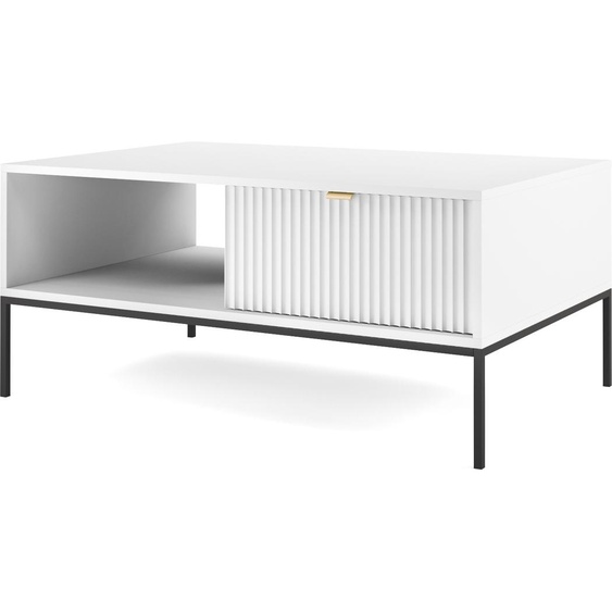 Table basse NOVA avec tiroir, poignée dorée, blanche, pieds en métal noir, 104x104x46 cm