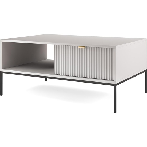 Table basse NOVA avec tiroir, poignée dorée, couleur grise, pieds en métal noir, dimensions : 104 x 104 x 46 cm