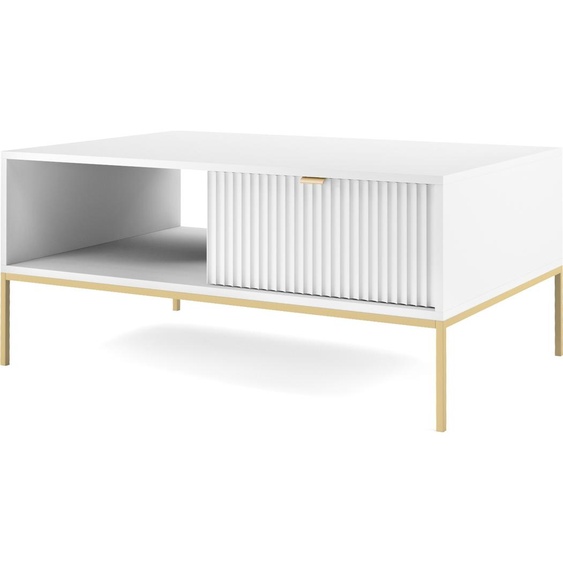 Table basse NOVA avec tiroir, poignée dorée, blanche, pieds en métal dorés, 104x104x46 cm