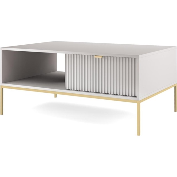 Table basse NOVA avec tiroir, poignée dorée, couleur gris, pieds en métal doré, dimensions : 104 x 104 x 46 cm