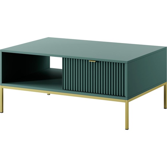 Table basse NOVA avec tiroir, poignée dorée, finition labrador, pieds en métal doré, dimensions : 104x104x46 cm