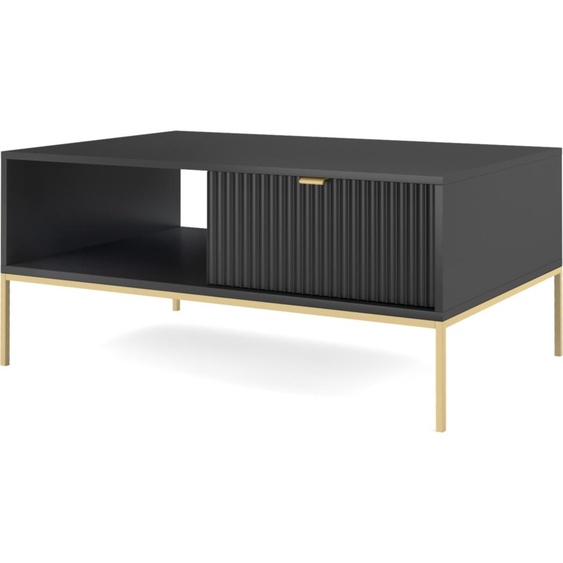 Table basse NOVA avec tiroir, poignée dorée, noire, pieds en métal dorés, 104x104x46 cm