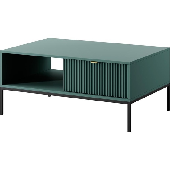 Table basse NOVA avec tiroir, poignée dorée, finition labrador, pieds en métal noir, dimensions : 104x104x46 cm